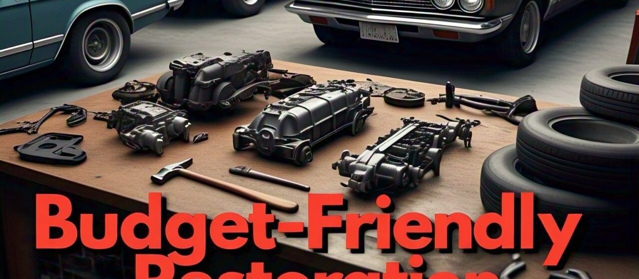 Banner image for affordable Japanese car parts in Australia, featuring vintage Toyotas and Nissans, car parts, and tools, with bold text reading 'Budget-Friendly Restoration: Where to Find Cheap Japanese Car Parts for Old Models in Australia
